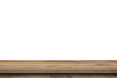 Boş tahta tablo beyaz arkaplanı izole et ve ürün için kopyalama alanı ile montajı göster.