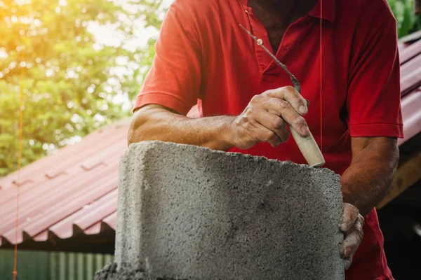 Pedreiro Homem Trabalhando Construir Para Construção Casa — Fotografia de Stock