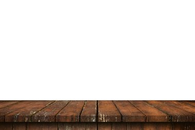 Boş tahta tablo beyaz arkaplanı izole et ve ürün için kopyalama alanı ile montajı göster.