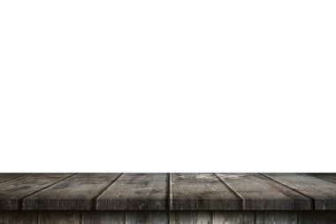 Boş tahta tablo beyaz arkaplanı izole et ve ürün için kopyalama alanı ile montajı göster.