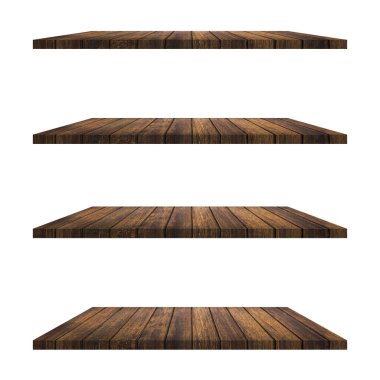 4 Ahşap raf tablo beyaz arkaplan izole ve ürün için montaj.