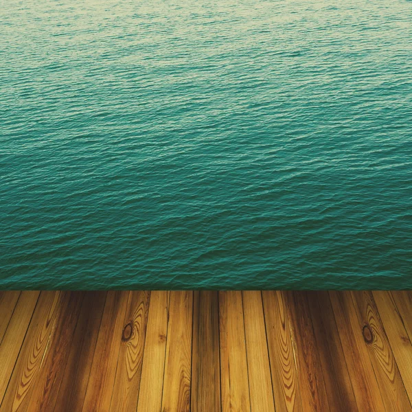 Drewna i błękitne morze i niebo tło z rocznika efekt. — Zdjęcie stockowe