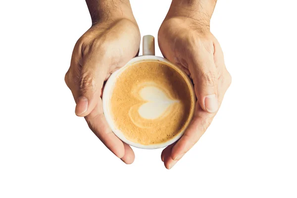 Man holding hot cup of coffee and heart shape with clipping path — Stock Photo, Image