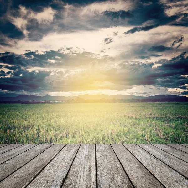 Vintage photo of storm clouds and field meadow with wood table Stock Image