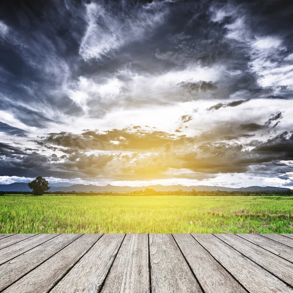 Wood floor and storm clouds view before rainy with field meadow — Stock Photo, Image