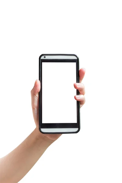 Hand Frau zeigen Smartphone in der Senkrechten auf isolierten weißen mit cl — Stockfoto