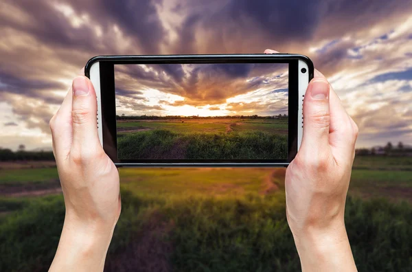 Hand vrouw nemen foto bij zonsondergang. — Stockfoto