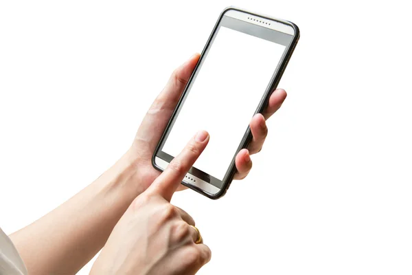 Handspielendes Smartphone auf isoliertem mit Clipping-Pfad. — Stockfoto