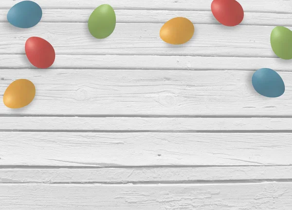 Spring, easter mock up scene with colorful eggs and white wooden background, empty space for your text, top view — Stock Photo, Image