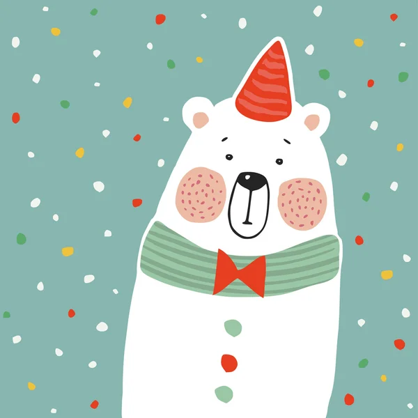 Cute polar bear with party hat and paper. confetti, kids poster or birthday greeting card, vector illustration — Stock Vector