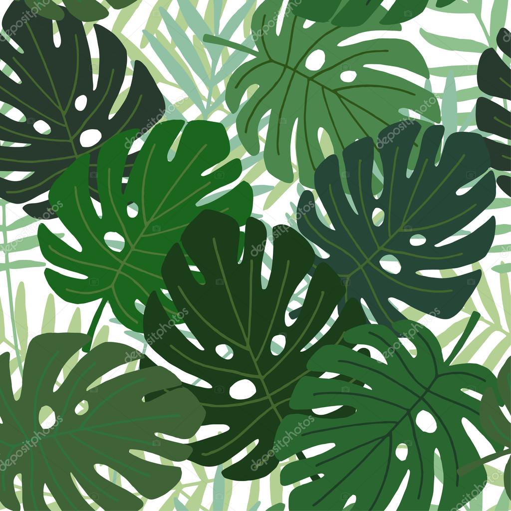Tropical palm and monstera leaves seamless pattern, flat design, vector illustration