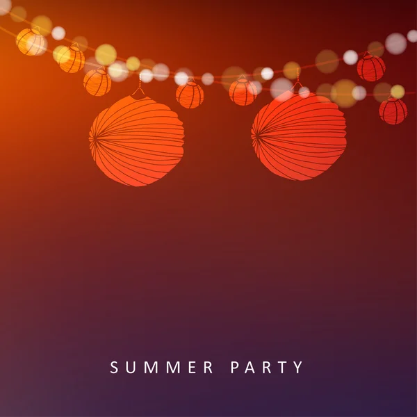 Summer or Brazilian june party, vector illustration background with garland of lights and paper lanterns — Stock Vector