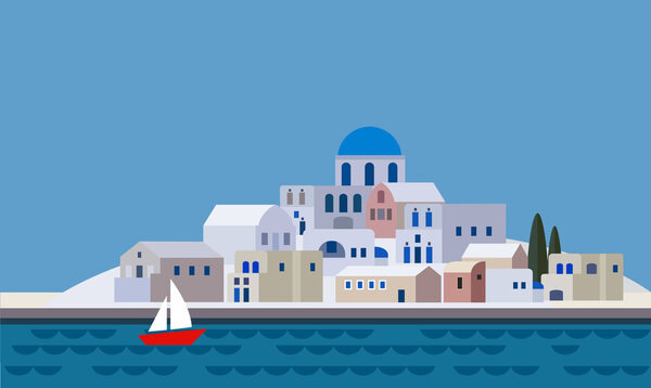Mediterranean landscape by sea, Greek island with little town, village, resort, beach, flat design, vector