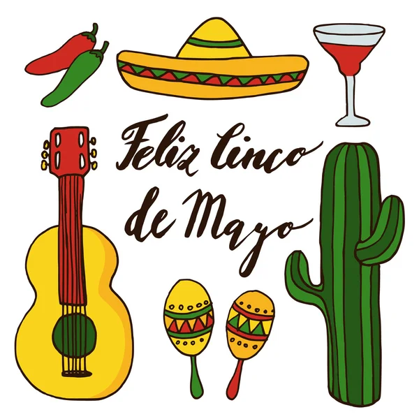 Av handritad mexikanska ikoner för cinco de mayo semester, isolerade doodle illustrationer — Stock vektor