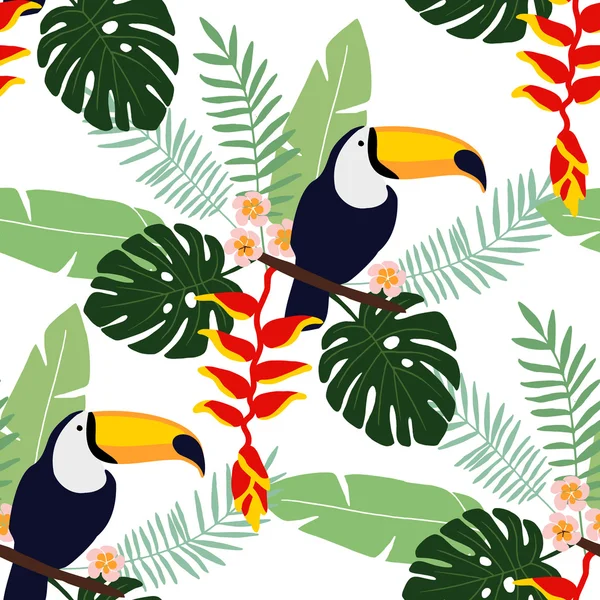 Tropisk djungel seamless mönster med toucan fågel, heliconia och plumeria blommor och palmblad, platt design, vektor — Stock vektor