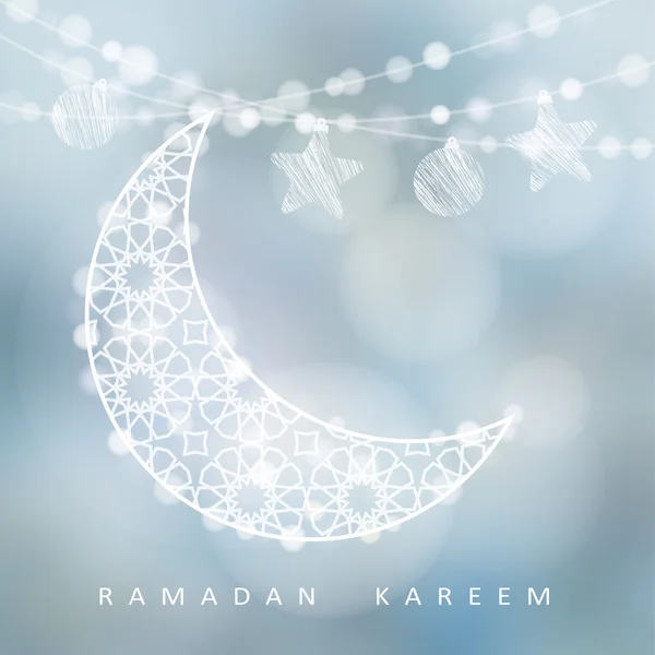 Corde avec lune ornementale, étoiles, boules et lumières bokeh, fond d'illustration vectoriel, carte Ramadan — Image vectorielle