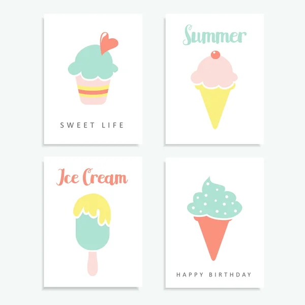 Conjunto de cartões de verão com sorvete, sundae, picolé em cores pastel, vetor — Vetor de Stock