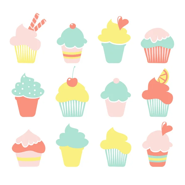 Set van ice cream sundae, cupcake pictogrammen in pastel kleuren, geïsoleerde vectoren — Stockvector