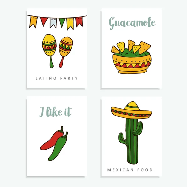 Set tangan digambar kartu meksiko untuk undangan atau menu restoran, ilustrasi corat-coret - Stok Vektor