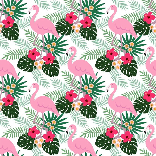 Patrón sin costura de selva tropical con pájaro flamenco, flores de hibisco y plumeria y hojas de palma, diseño plano, vector — Archivo Imágenes Vectoriales