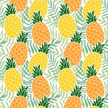 Tropikal yaz Dikişsiz desen. Ananas Meyve, palmiye yaprakları. Hawaii düz tasarım. Vektör
