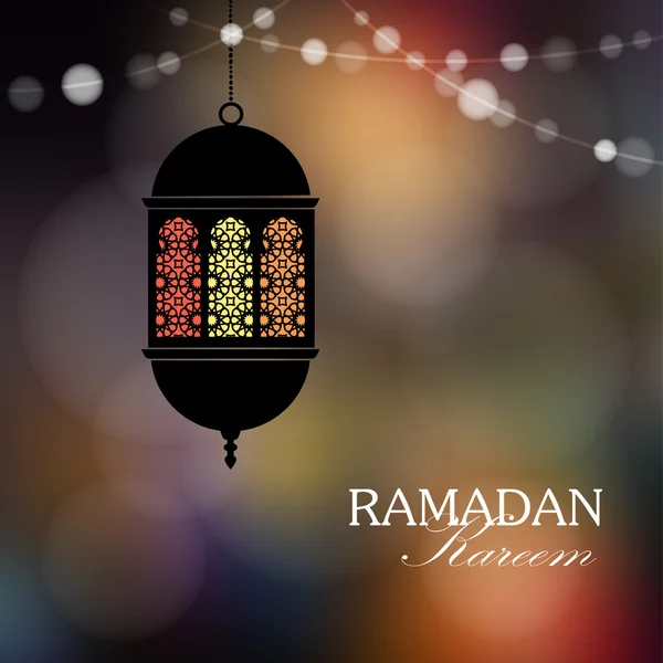 Lanterne arabe suspendue décorative avec chaîne de lumières. Carte de voeux, invitation pour le mois saint musulman Ramadan Kareem . — Image vectorielle