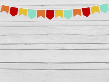Brezilyalı Haziran parti, festa junina mockup. Doğum günü veya bebek duş mockup sahne. Parti kağıt bayrakları. Ahşap arka plan.
