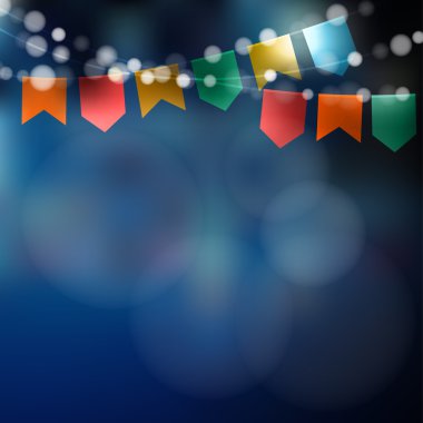 Brezilyalı Haziran parti. Festa junina. Işıklar, parti bayrakları dize. Parti dekorasyon. Festival gecesi, bulanık vektör arka plan. 