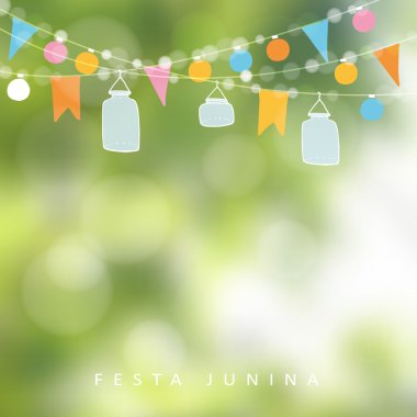 Brezilyalı Haziran parti, festa junina. Işıklar, kavanoz fenerler dizesi. Doğum günü partisi dekorasyon. Bulanık vektör arka plan.