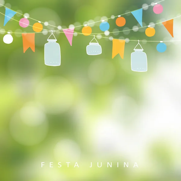 Braziliaanse juni partij, festa junina. Koord van lichten, jar lantaarns. Verjaardag Feestdecoratie. Achtergrond wazig vector. — Stockvector