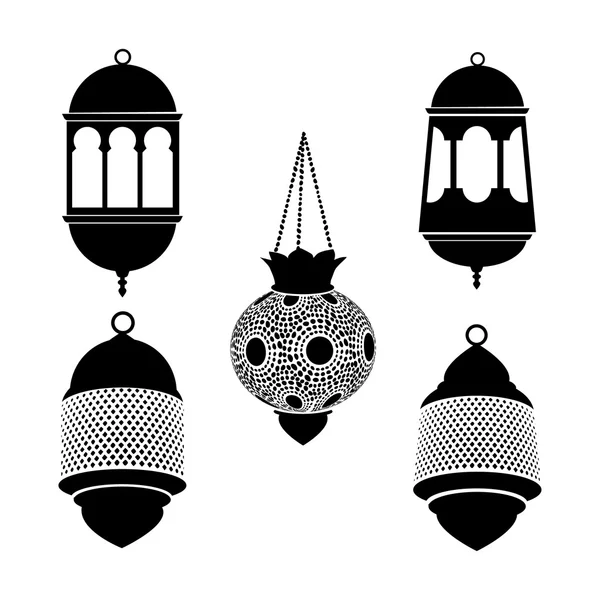 Arapça fenerler kümesi. Siyah siluetler Ramazan lambaları. İzole hisse senedi vektörel çizimler. Düz tasarım. — Stok Vektör