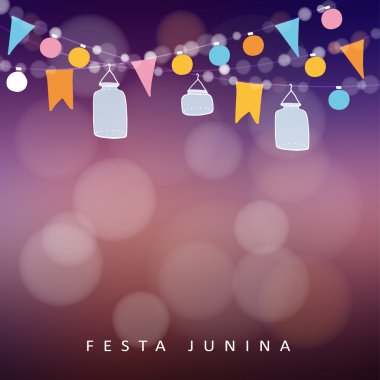 Brezilyalı Haziran parti, festa junina. Işıklar, kavanoz fenerler dizesi. Parti dekorasyon. Doğum günü Bahçe partisi. Gün batımı bulanık vec