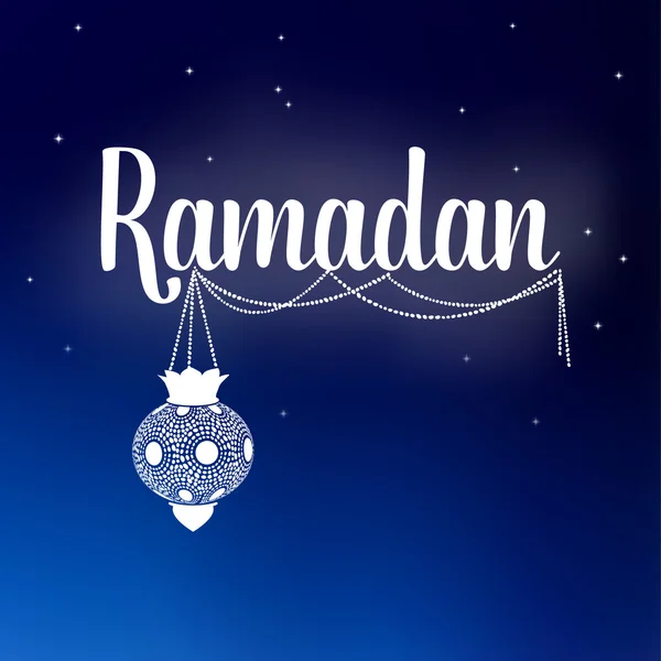 Tarjeta con texto Ramadán y linterna árabe. Cielo nocturno con estrellas. Invitación para el mes santo musulmán Ramadán Kareem. vector de stock — Vector de stock