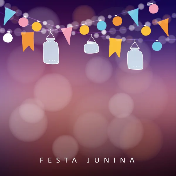 Brazil június fél festa junina. Karakterlánc, lámpák, lámpások jar. A Party dekoráció. Szülinapi kerti party. Naplemente homályos vec — Stock Vector