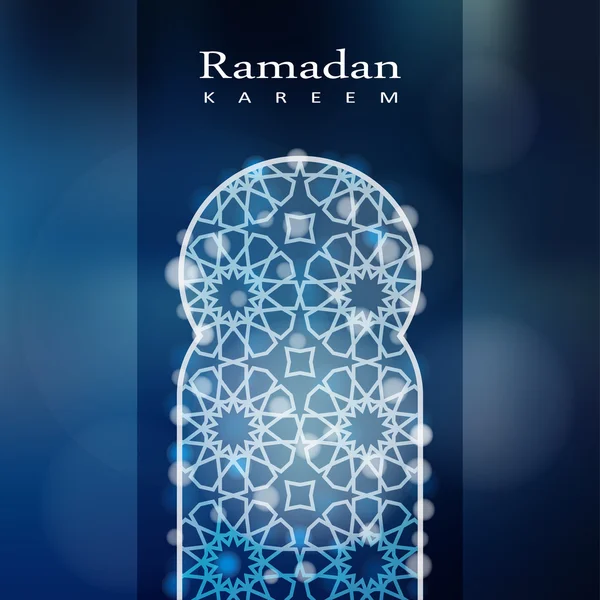 Cartão Ramadã. Janela de mesquita ornamental com luzes bokeh. Convite para mês sagrado muçulmano Ramadan Kareem. Ilustração vetorial — Vetor de Stock