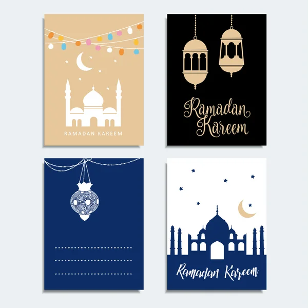 Set di carte del Ramadan. Lanterne arabe. Silhouette della moschea. Inviti per il sacro mese musulmano Ramadan Kareem. Vettori di stock — Vettoriale Stock