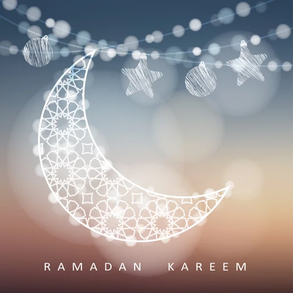 Corda di Ramadan con luna ornamentale, stelle, palle e luci bokeh. Sfondo vettoriale offuscata illustrazione. Carta del Ramadan . — Vettoriale Stock