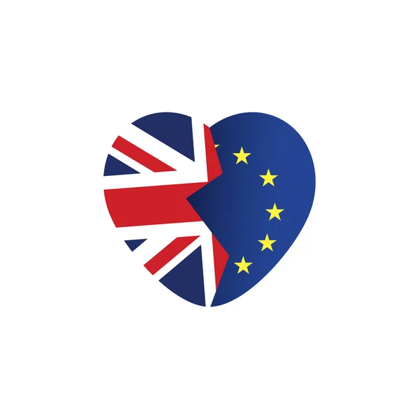 Ícone Brexit. Bandeira britânica. Bandeira da UE. Coração partido, símbolo da saída iminente da Grã-Bretanha para fora da União Europeia. Vetor —  Vetores de Stock