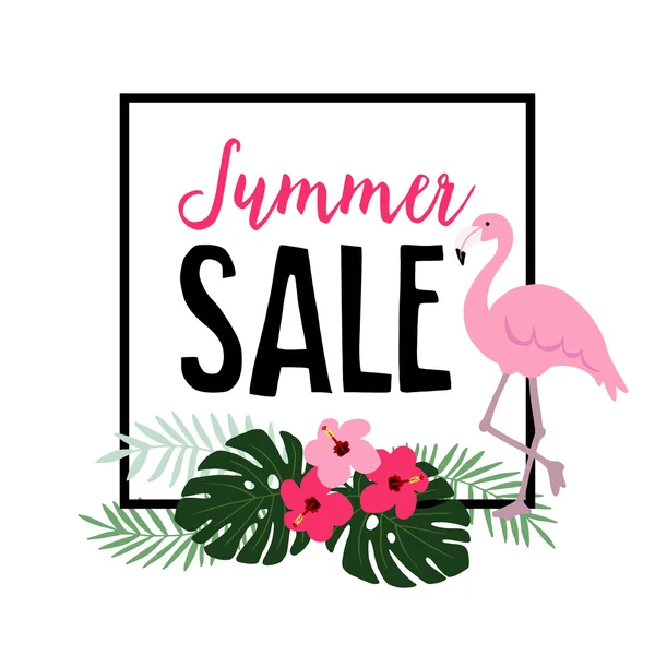 Sommerschlussverkauf. Flamingo-Vogel mit Palmblättern, Hibiskusblüten. Web-Banner, Hintergrund. Abbildung zum flachen Dschungel-Vektor. — Stockvektor