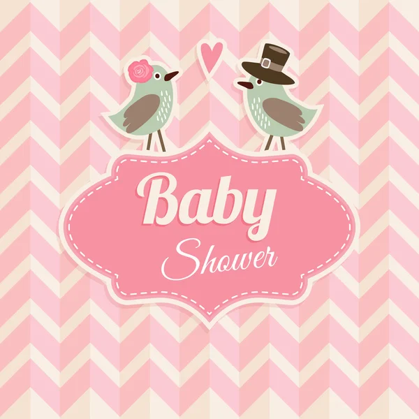 Cute baby shower, birthday, wedding card, invitation with birds in love. Chevron pattern. Vintage  design, vector illustration — Stock Vector