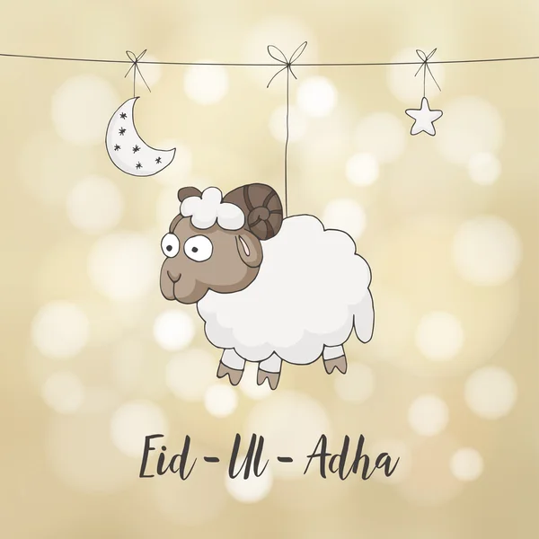 Eid-ul-adha biglietto di auguri. Decorazione con pecore disegnate a mano, luna, stelle e luci. Festa della comunità musulmana del sacrificio . — Vettoriale Stock