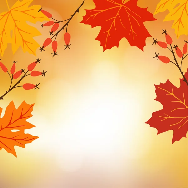 Herfst, herfst achtergrond. Wenskaart met hand getrokken esdoorn bladeren en rozenbottels. Moderne wazig vectorillustratie. — Stockvector