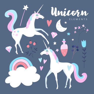 Fairytale öğeleri. Gökkuşağı, yıldız, bulut, sihirli iksir ve çiçekler olan at. Şirin izole vektör nesneleri, düz tasarım.