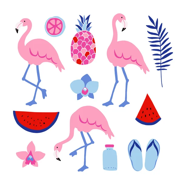 Letní tropické grafické prvky. Flamingo ptáci. Jungle květinové ilustrace, palm listy, květy orchidejí, ananas, vodní meloun — Stockový vektor
