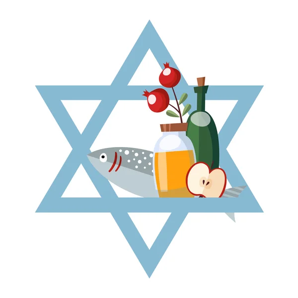 Rosh Hashana wenskaart, uitnodiging met Joodse star, honing, vis, wijn en apple. Vectorillustratie, platte ontwerp. — Stockvector