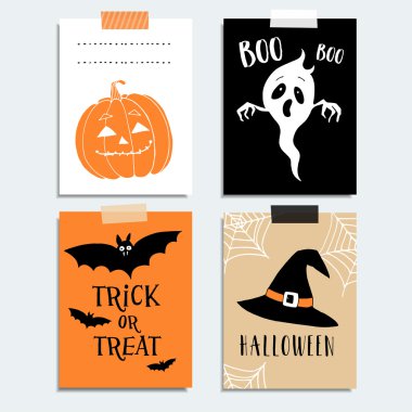 Şirin Halloween Parti kartları, davetiyeler. Kabak, hayalet, yarasa, cadı şapka. Vektör çizim arka planlar el çekilmiş