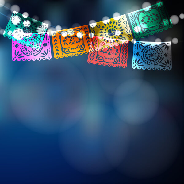 Dia de Los Muertos, Mexican Day of the Dead card, invitation. Party decoration, string of lights, handmade paper flags, skulls