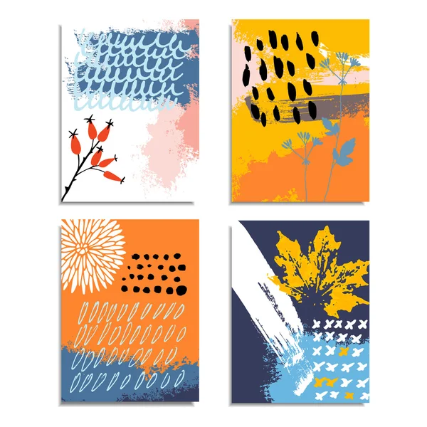 艺术抽象手绘卡，邀请。秋高气爽的秋季颜色调色板。画笔纹理，花卉的元素。党的生日. — 图库矢量图片