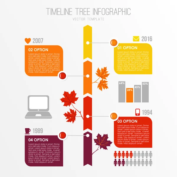 Modello di infografica dell'albero temporale. Autunno, autunno design piatto con foglie d'acero. Elementi di presentazione. Illustrazione vettoriale — Vettoriale Stock