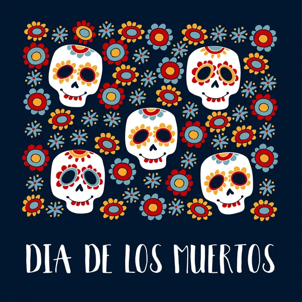 Tarjeta de felicitación Dia de Los Muertos, invitación. Día Mexicano de los Muertos. Calaveras de azúcar ornamentales, flores. Vector dibujado a mano — Vector de stock